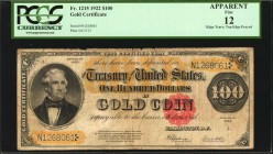 Gold Certificates

Fr. 1215. 1922 $100 Gold Certificate. PCGS Currency Fine 12 Apparent. Edge Tears; Top Edge Frayed.

A high denomination Large S...