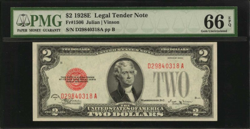 Legal Tender Notes

Fr. 1506. 1928E $2 Legal Tender Note. PMG Gem Uncirculated...