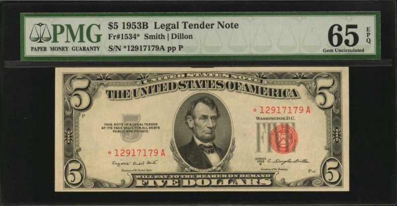 Legal Tender Notes

Fr. 1534*. 1953B $5 Legal Tender Star Note. PMG Gem Uncirc...