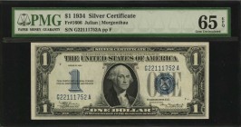 Silver Certificates

Fr. 1606. 1934 $1 Silver Certificate. PMG Gem Uncirculated 65 EPQ.

Good embossing is noticed on this funny back silver certi...