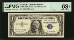 Silver Certificates

Fr. 1621*. 1957B $1 Silver Certificate Star Note. PMG Superb Gem Uncirculated 68 EPQ.

A lofty grade of Superb Gem Unc 68 EPQ...