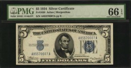 Silver Certificates

Fr. 1650. 1934 $5 Silver Certificate. PMG Gem Uncirculated 66 EPQ.

Wide margins stand out on this 1934 $5, which offers dark...