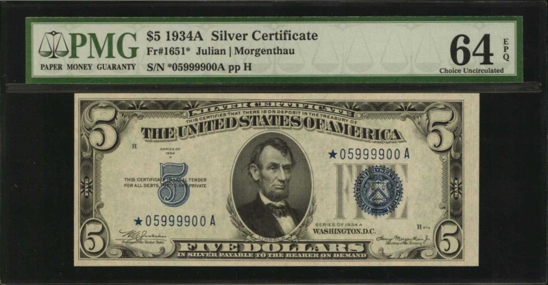 Silver Certificates

Fr. 1651*. 1934A $5 Silver Certificate Star Note. PMG Cho...