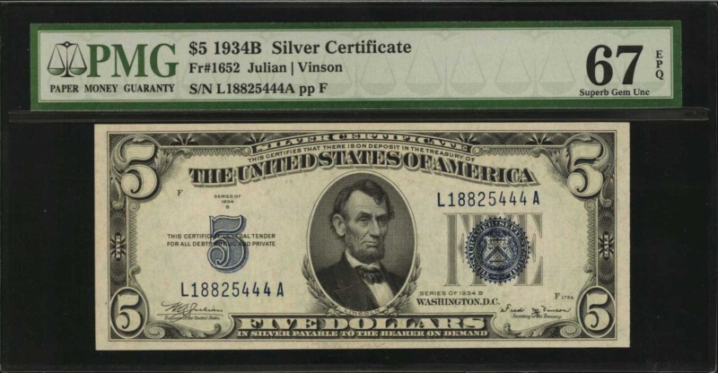 Silver Certificates

Fr. 1652. 1934B $5 Silver Certificate. PMG Superb Gem Unc...