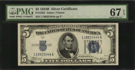 Silver Certificates

Fr. 1652. 1934B $5 Silver Certificate. PMG Superb Gem Uncirculated 67 EPQ.

A high grade of Superb Gem Unc is found on this 1...