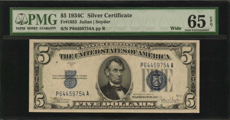 Silver Certificates

Fr. 1653. 1934C $5 Silver Certificate. Wide. PMG Gem Unci...