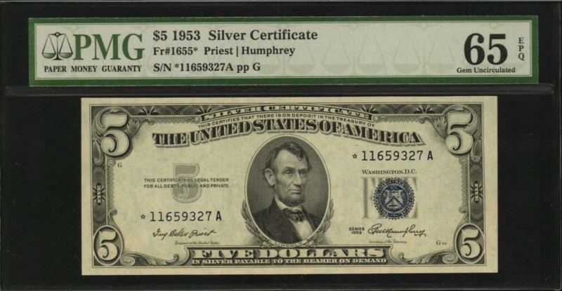 Silver Certificates

Fr. 1655*. 1953 $5 Silver Certificate Star Note. PMG Gem ...