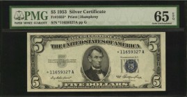 Silver Certificates

Fr. 1655*. 1953 $5 Silver Certificate Star Note. PMG Gem Uncirculated 65 EPQ.

A Gem example of this replacement $5 Silver Ce...