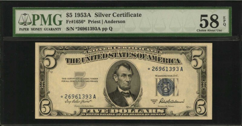 Silver Certificates

Fr. 1656*. 1953A $5 Silver Certificate Star Note. PMG Cho...