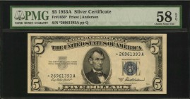Silver Certificates

Fr. 1656*. 1953A $5 Silver Certificate Star Note. PMG Choice About Uncirculated 58 EPQ.

A lightly handled example of this re...