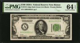 Federal Reserve Notes

Fr. 2151-Adgs. 1928A $100 Federal Reserve Note. Boston. PMG Choice Uncirculated 64 EPQ.

Dark green seal. Wide margins, bri...