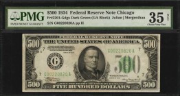 Federal Reserve Notes

Fr. 2201-Gdgs. 1934 $500 Federal Reserve Note. Chicago. PMG Choice Very Fine 35 Net. Internal Tears, Stain.

Dark green sea...