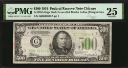 Federal Reserve Notes

Fr. 2201-Gdgs. 1934 $500 Federal Reserve Note. Chicago. PMG Very Fine 25.

Dark green seal. Bright paper is found on this V...