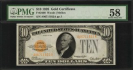 Gold Certificates

Fr. 2400. 1928 $10 Gold Certificate. PMG Choice About Uncirculated 58.

Bright paper and honey gold overprints are found on thi...