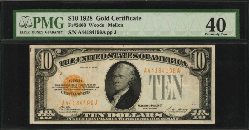 Gold Certificates

Fr. 2400. 1928 $10 Gold Certificate. PMG Extremely Fine 40....