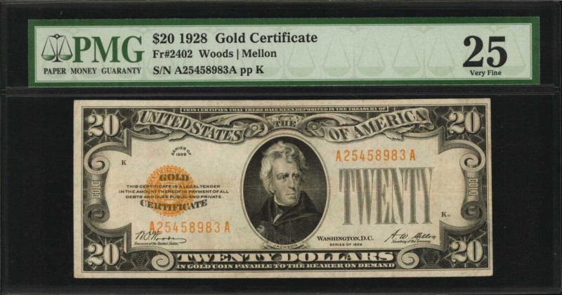 Gold Certificates

Fr. 2402. 1928 $20 Gold Certificate. PMG Very Fine 25.

H...
