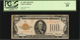 Gold Certificates

Fr. 2405. 1928 $100 Gold Certificate. PCGS Currency Very Fine 20.

A Very Fine example of this high denomination Gold Certifica...