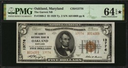 Maryland

Oakland, Maryland. $5 1929 Ty. 2. Fr. 1800-2. The Garrett NB. Charter #13776. PMG Choice Uncirculated 64 EPQ*.

An attractive example of...