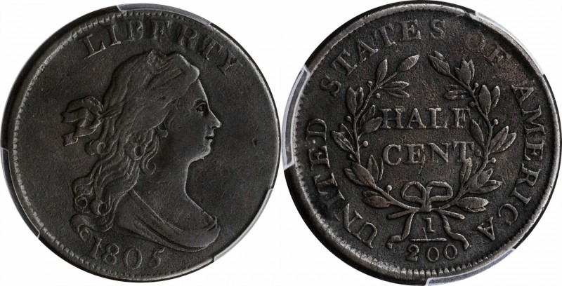 Draped Bust Half Cent

1805 Draped Bust Half Cent. Large 5, Stems to Wreath. V...