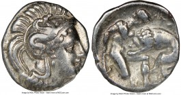 CALABRIA. Tarentum. Ca. 380-280 BC. AR diobol (12mm, 12h). NGC Choice VF. Ca. 325-280 BC. Head of Athena right, wearing crested Attic helmet decorated...