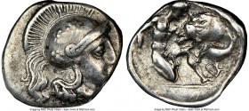 CALABRIA. Tarentum. Ca. 380-280 BC. AR diobol (13mm, 7h). NGC VF. Ca. 325-280 BC. Head of Athena right, wearing crested Attic helmet decorated with th...