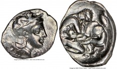 CALABRIA. Tarentum. Ca. 380-280 BC. AR diobol (13mm, 8h). NGC VF, brushed. Ca. 325-280 BC. Head of Athena right, wearing crested Attic helmet decorate...