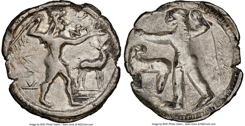 BRUTTIUM. Caulonia. Early 5th century BC. AR stater or nomos (25mm, 7.45 gm, 1h)...