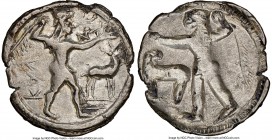 BRUTTIUM. Caulonia. Early 5th century BC. AR stater or nomos (25mm, 7.45 gm, 1h). NGC Choice VF 4/5 - 3/5, bent. Ca. 500-480 BC. KAV (retrograde), ful...