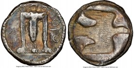 BRUTTIUM. Croton. Ca. 500-480 BC. AR stater (22mm, 7.68 gm, 9h). NGC Choice VF 5/5 - 2/5. ϘPO, ornamented sacrificial tripod, legs terminating in leon...