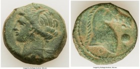ZEUGITANA. Carthage. Ca. 3rd century BC. AE (19mm, 4.79 gm, 12h). VF. Sardinia? Head of Tanit left, wreathed in grain, wearing triple pendant earring ...