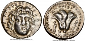 CARIAN ISLANDS. Rhodes. Ca. 250-230 BC. AR didrachm (21mm, 6.67 gm, 1h). NGC Choice XF 5/5 - 4/5. Timotheus, magistrate. Radiate head of Helios facing...