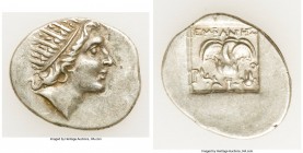CARIAN ISLANDS. Rhodes. Ca. 88-84 BC. AR drachm (17mm, 11h). XF. Plinthophoric standard, Euphanes, magistrate. Radiate head of Helios right / EYΦANHΣ,...