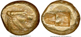 LYDIAN KINGDOM. Alyattes or Walwet (ca. 610-546 BC). EL third-stater or trite (13mm, 4.74 gm). NGC Choice XF 4/5 - 4/5. Uninscribed, Lydo-Milesian sta...