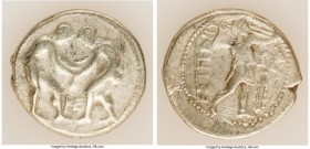 PAMPHYLIA. Aspendus. Ca. 325-250 BC. AR stater (24mm, 10.15 gm, 12h). About Fine, scratches. Two wrestlers grappling; F (inverted) between / ΕΣΤFΕΔΙΥ,...