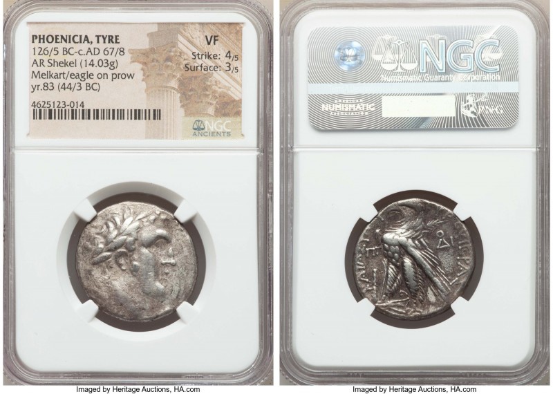 PHOENICIA. Tyre. Ca. 126/5 BC-AD 67/8. AR shekel (14.03 gm). NGC VF 4/5 - 3/5. D...