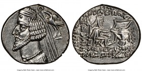 PARTHIAN KINGDOM. Phraates IV (ca. 38-2 BC). AR drachm (19mm, 12h). NGC Choice AU. Mithradatkart mint. Diademed and draped bust left, wart on forehead...