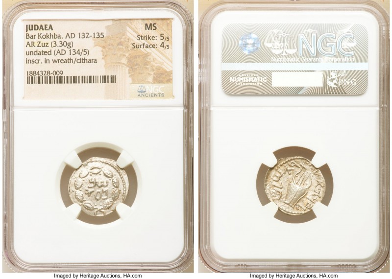 JUDAEA. Bar Kokhba Revolt (AD 132-135). AR zuz (19mm, 3.30 gm, 1h). NGC MS 5/5 -...