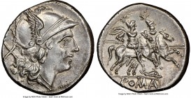 Anonymous. Ca. 209-208 BC. AR denarius (19mm, 3.68 gm, 7h). NGC MS 5/5 - 3/5, brushed Sicily. Head of Roma right, wearing winged helmet decorated with...
