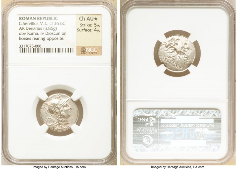 C. Servilius M.f. (ca. 136 BC). AR denarius (19mm, 3.86 gm, 7h). NGC Choice AU S...