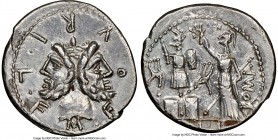 M. Furius L.f. Philus (ca. 119 BC). AR denarius (20mm, 3.89 gm, 10h). NGC Choice AU 5/5 - 3/5, brushed. Rome. M•FOVRI•L•F, laureate head of Janus / PH...