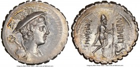 C. Mamilius Limetanus (ca. 82 BC). AR serratus denarius (20mm, 3.83 gm, 7h). NGC Choice AU 5/5 - 2/5, scratches. Rome. Draped bust of Mercury right, w...