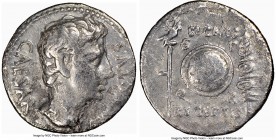 Augustus (27 BC-AD 14). AR denarius (19mm, 5h). NGC Choice Fine, bankers mark. Spanish mint, ca. 19 BC. CAESAR-AVGVSTVS, bare head of Augustus right; ...