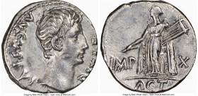 Augustus (27 BC-AD 14). AR denarius (19mm, 6h). NGC Choice VF, bankers mark, scratch, brushed. Lugdunum, ca. 15-13 BC. AVGVSTVS-DIVI•F, bare head of A...