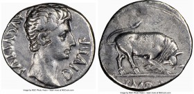Augustus (27 BC-AD 14). AR denarius (18mm, 7h). NGC VF, bankers mark. Lugdunum, ca. 15-13 BC. AVGVSTVS-DIVI•F, bare head of Augustus right; dotted bor...