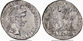 Augustus (27 BC-AD 14). AR denarius (19mm, 3.43 gm, 10h). NGC AU 4/5 - 2/5. Lugdunum, 2 BC-AD 4. CAESAR AVGVSTVS-DIVI F PATER PATRIAE, laureate head o...