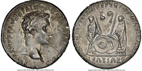 Augustus (27 BC-AD 14). AR denarius (18mm, 10h). NGC XF. Lugdunum, 2 BC-AD 4. CAESAR AVGVSTVS-DIVI F PATER PATRIAE, laureate head of Augustus right / ...