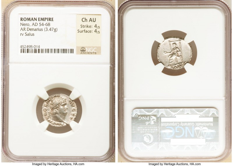 Nero (AD 54-68). AR denarius (19mm, 3.47 gm, 5h). NGC Choice AU 4/5 - 4/5. Rome,...