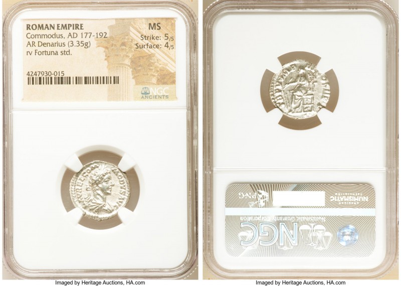 Commodus (AD 177-192). AR denarius (18mm, 3.35 gm, 6h). NGC MS 5/5 - 4/5. L AVRE...