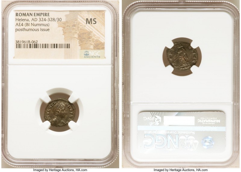 Helena (AD 324-328/30). AE4 or BI nummus (16mm, 5h). NGC MS. Posthumous issue of...