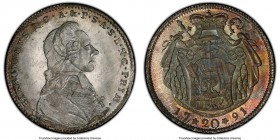 Salzburg. Hieronymus 20 Kreuzer 1791-M MS65 PCGS, KM460. A stunning example with a fully lustrous obverse coupled with an attractive and prominent alb...